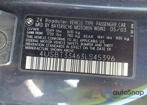 2003 BMW Z4 2.5I from USA, damaged, VIN 4USBT33463LS45396